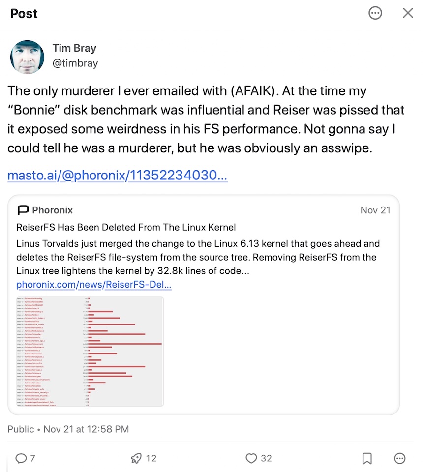 Mastodon post about removal of ReiserFS from Linux