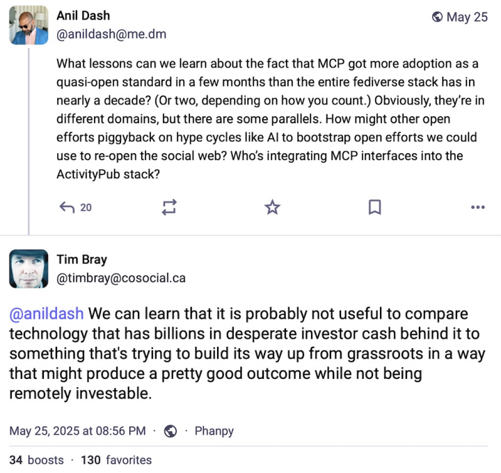 Anil Dash on Mastodon, on MCP vs the Fediverse Anil Dash on Mastodon, on MCP vs the Fediverse